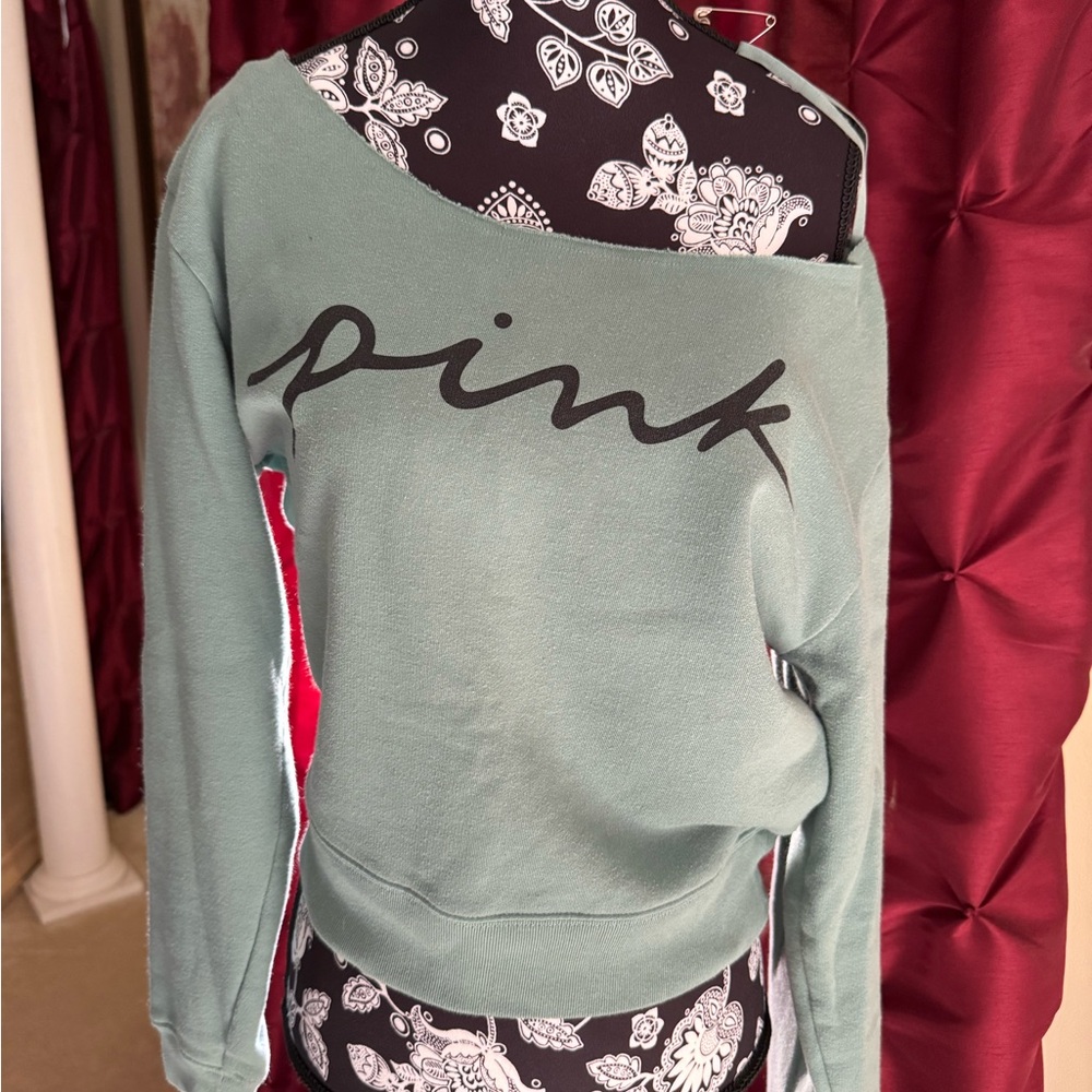 PINK Off-Shoulder SweatshirtSet in Sage Green